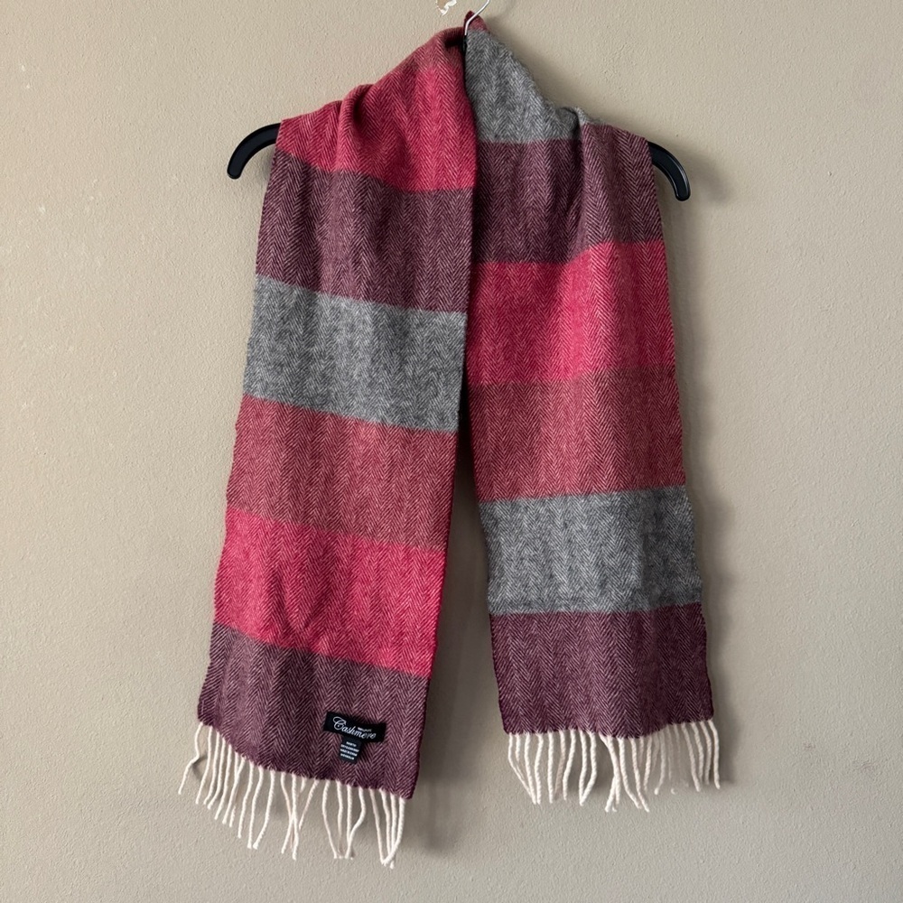 100% Cashmere Pink and Gray Striped Fringe Scarf
